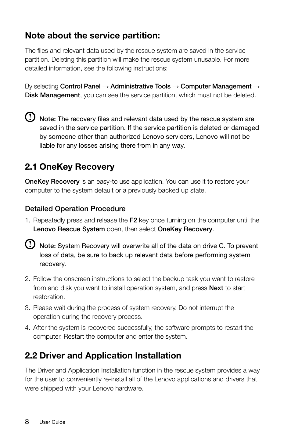 1 onekey recovery, 2 driver and application installation, C.c onekey recovery | C.c driver and application installation | Lenovo IdeaCentre Q180 User Manual | Page 13 / 21