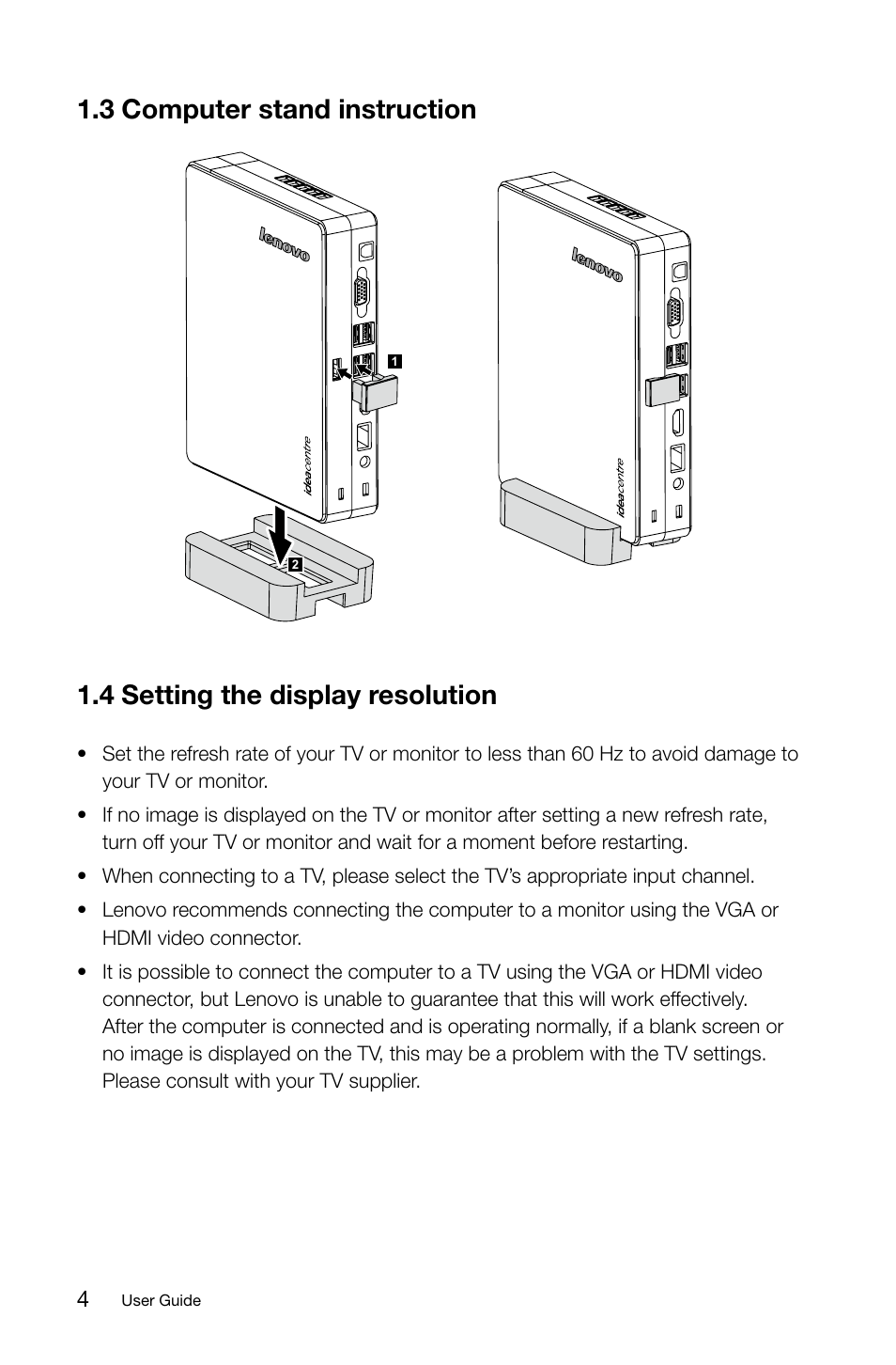 3 computer stand instruction, 4 setting the display resolution, C.c computer stand instruction | C.4 setting tce display resolution | Lenovo IdeaCentre Q180 User Manual | Page 9 / 21
