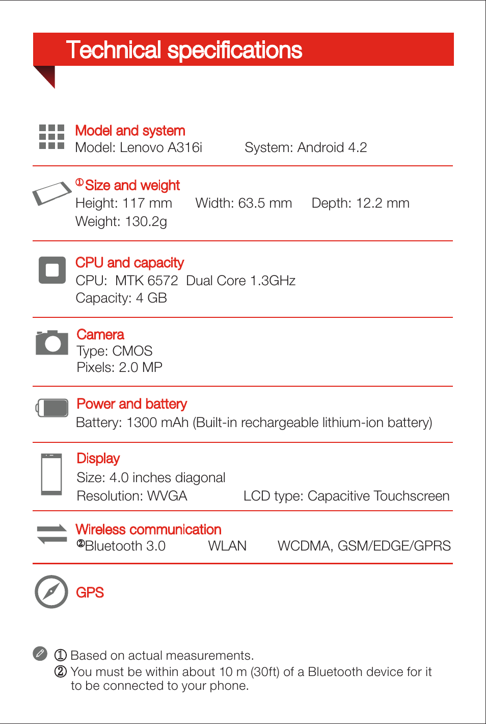 Technical specifications | Lenovo A316i Smartphone User Manual | Page 2 / 6