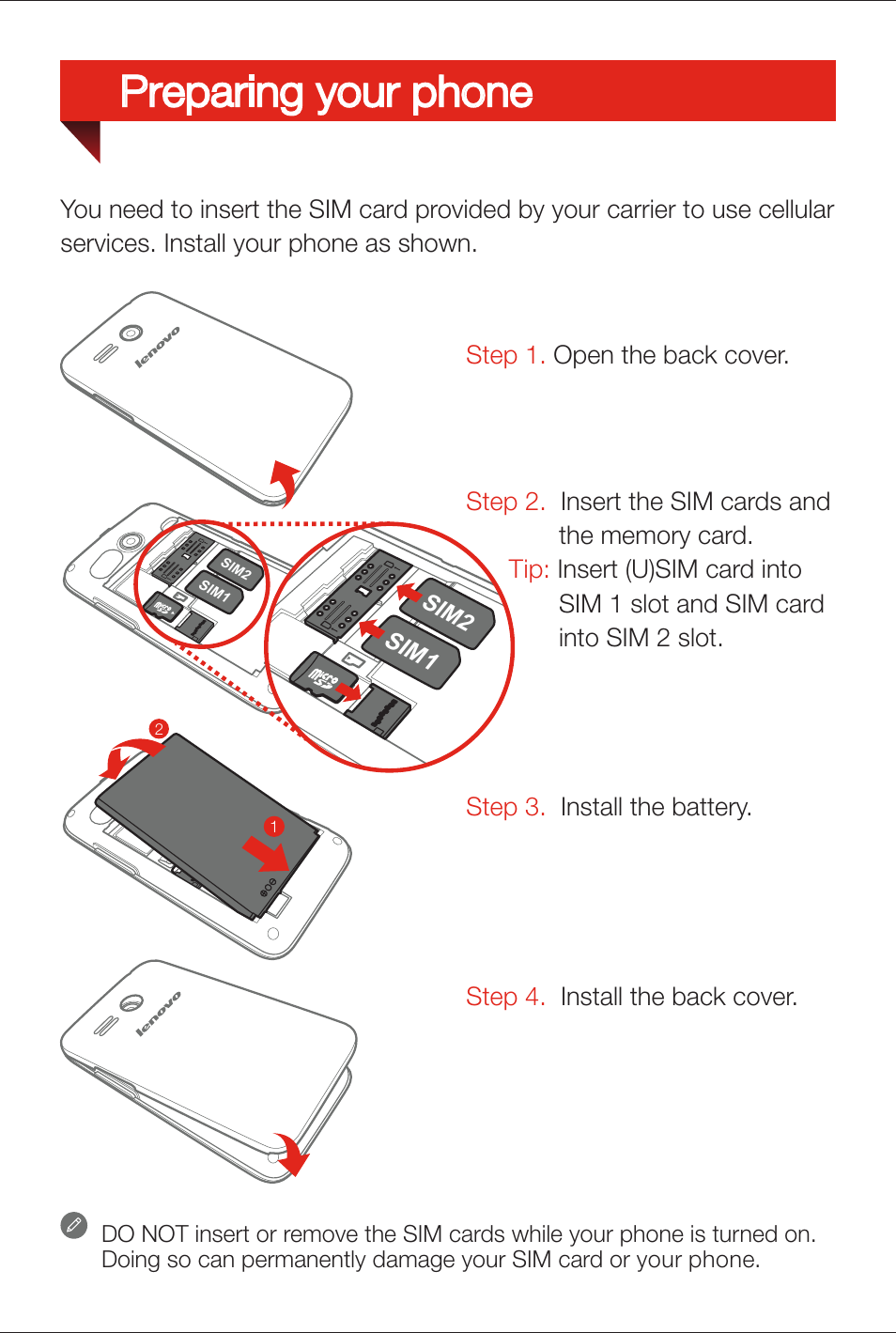 Preparing your phone | Lenovo A316i Smartphone User Manual | Page 4 / 6