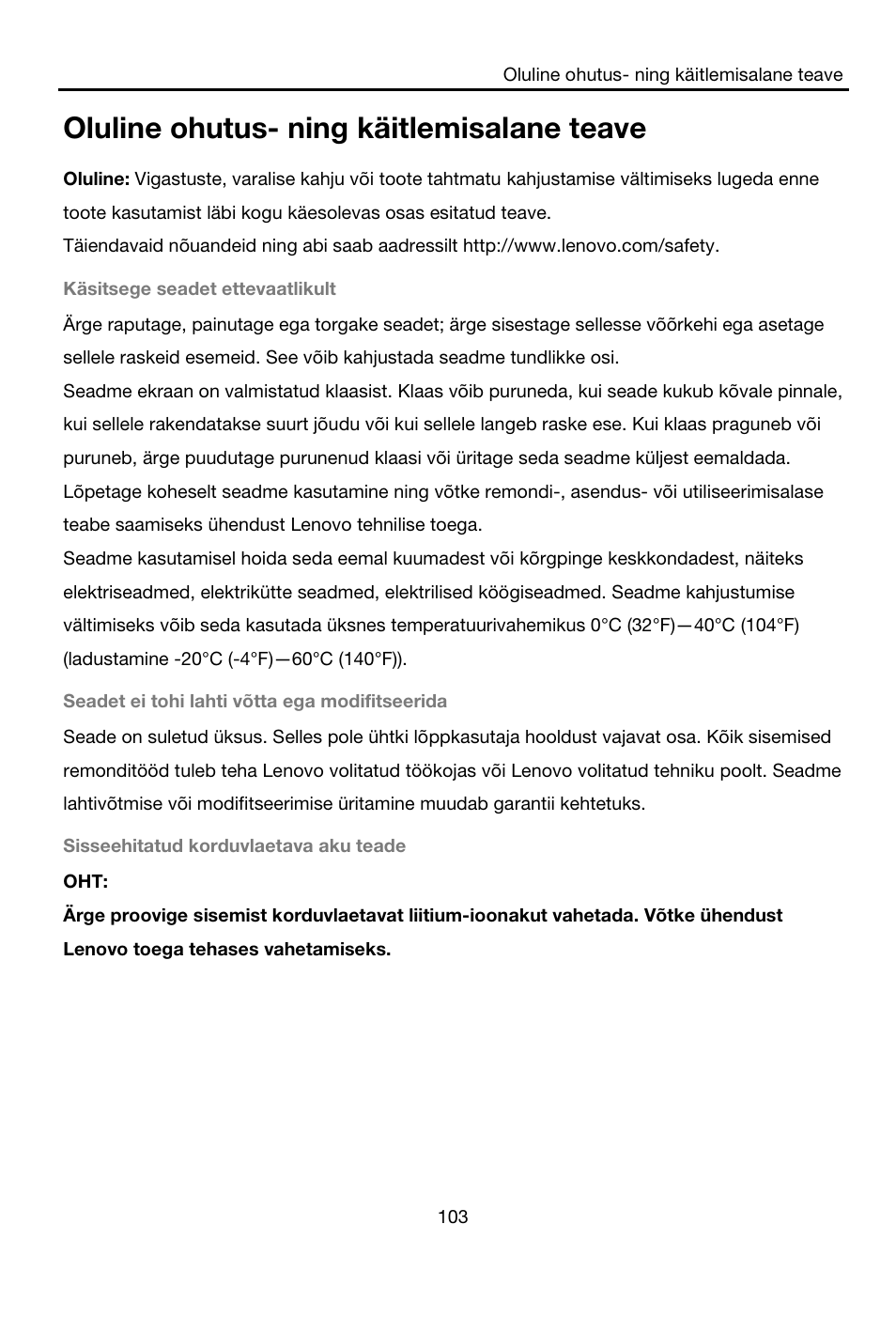 Oluline ohutus- ning käitlemisalane teave | Lenovo A8-50 Tablet User Manual | Page 104 / 176