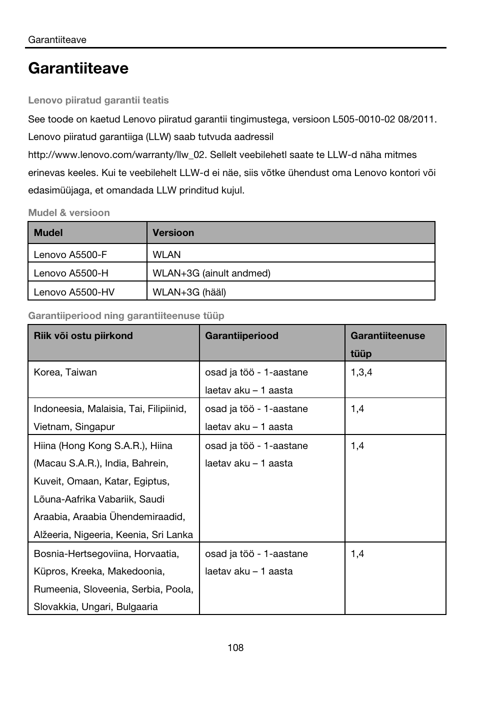 Garantiiteave | Lenovo A8-50 Tablet User Manual | Page 109 / 176