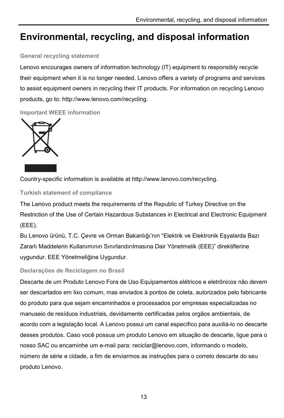 Environmental, recycling, and disposal information | Lenovo A8-50 Tablet User Manual | Page 14 / 176