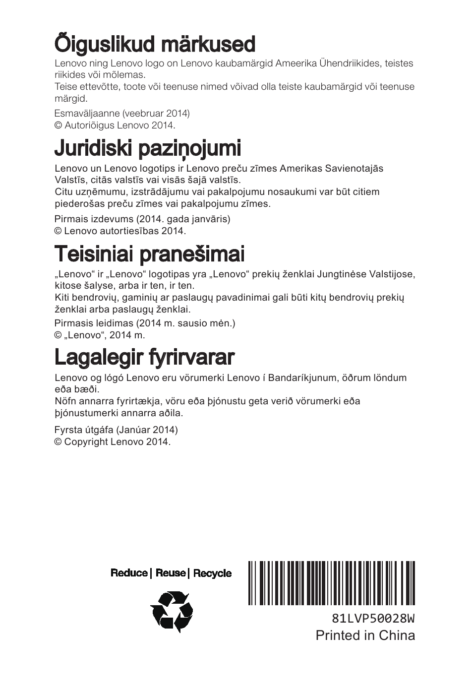 Õiguslikud märkused, Juridiski paziņojumi, Teisiniai pranešimai | Lagalegir fyrirvarar | Lenovo A8-50 Tablet User Manual | Page 176 / 176