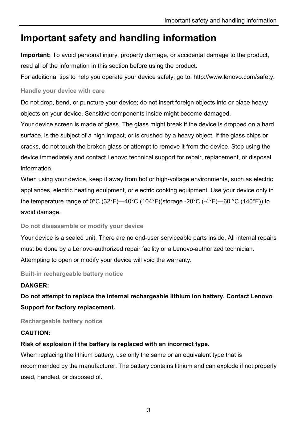 Important safety and handling information | Lenovo A8-50 Tablet User Manual | Page 4 / 176