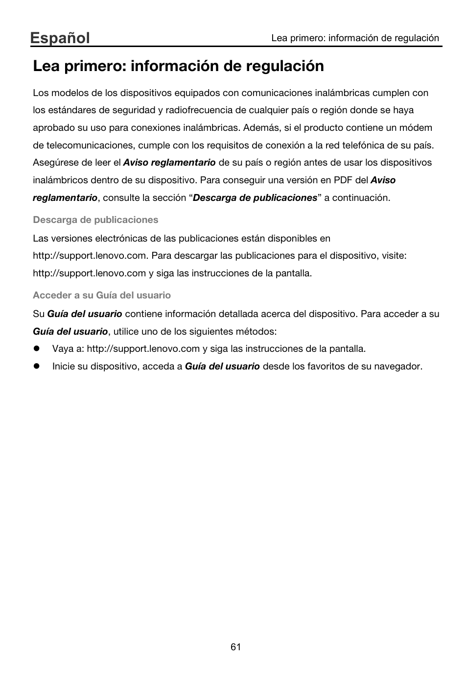 Lea primero: información de regulación, Español | Lenovo A8-50 Tablet User Manual | Page 62 / 176