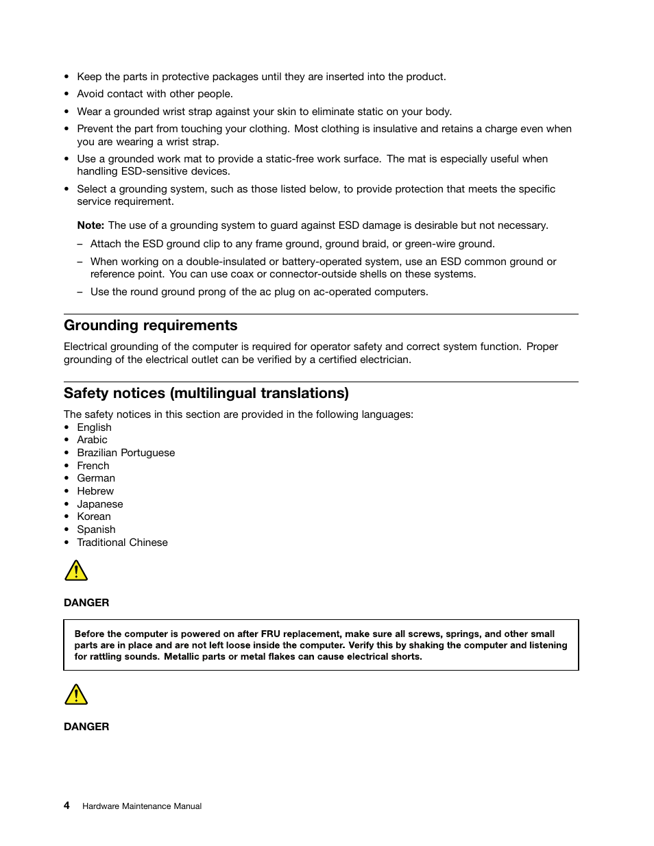 Grounding requirements, Safety notices (multilingual translations) | Lenovo M4400s notebook User Manual | Page 10 / 80