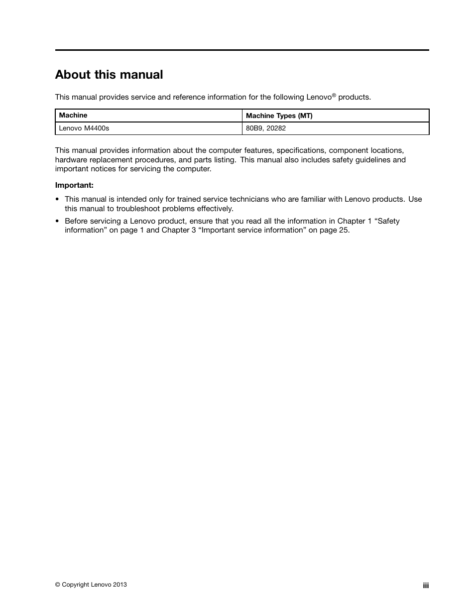 About this manual | Lenovo M4400s notebook User Manual | Page 5 / 80