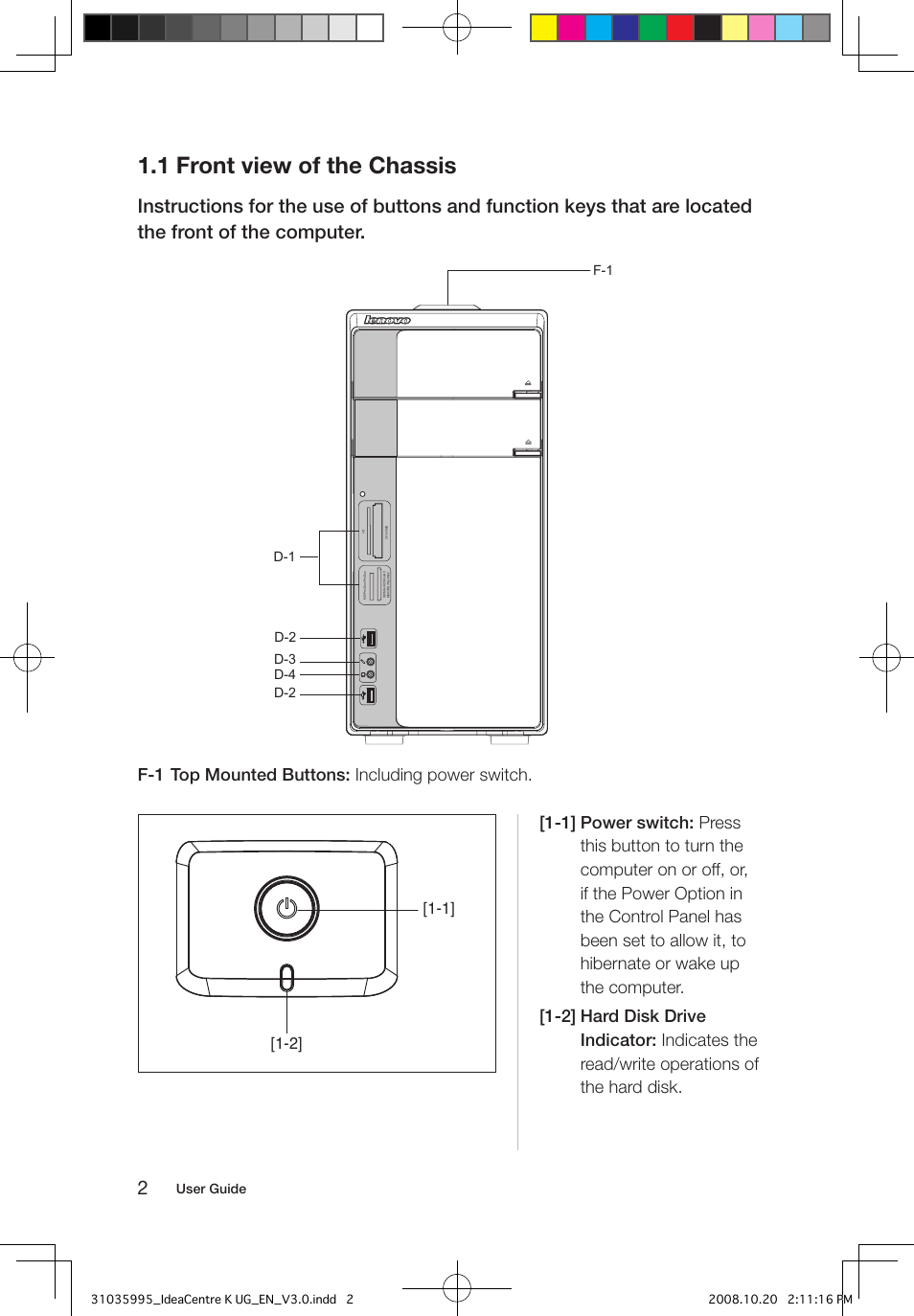 1 front view of the chassis, User guide, F-1 d-1 | D-2 d-3 d-4 d-2 | Lenovo IdeaCentre K230 User Manual | Page 7 / 41