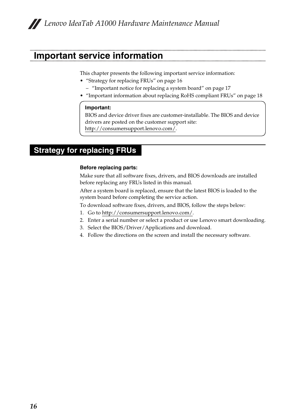 Important service information, Strategy for replacing frus, Lenovo ideatab a1000 hardware maintenance manual | Lenovo A1000 Tablet User Manual | Page 20 / 45