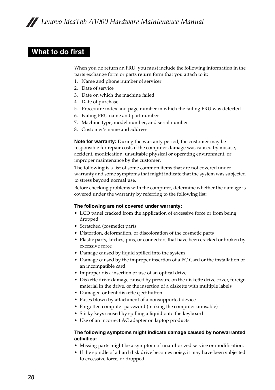 What to do first, Lenovo ideatab a1000 hardware maintenance manual | Lenovo A1000 Tablet User Manual | Page 24 / 45