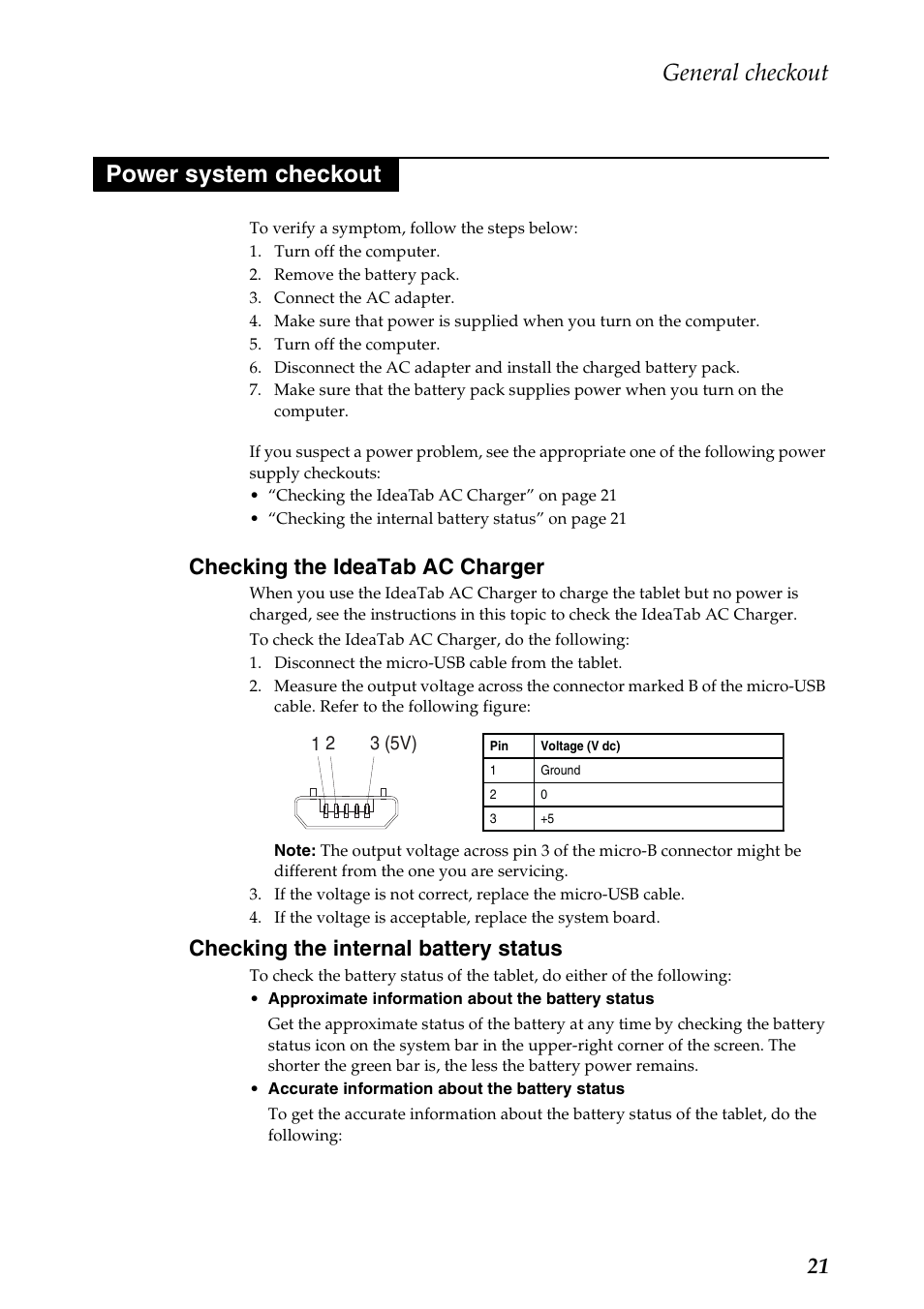 Power system checkout, Checking the ideatab ac charger, Checking the internal battery status | General checkout | Lenovo A1000 Tablet User Manual | Page 25 / 45