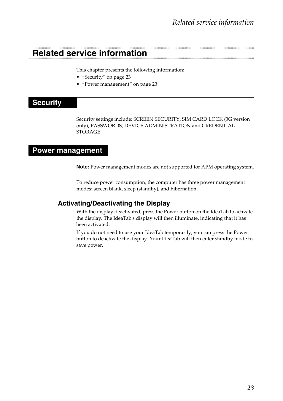 Related service information, Security, Power management | Activating/deactivating the display, Security power management | Lenovo A1000 Tablet User Manual | Page 27 / 45