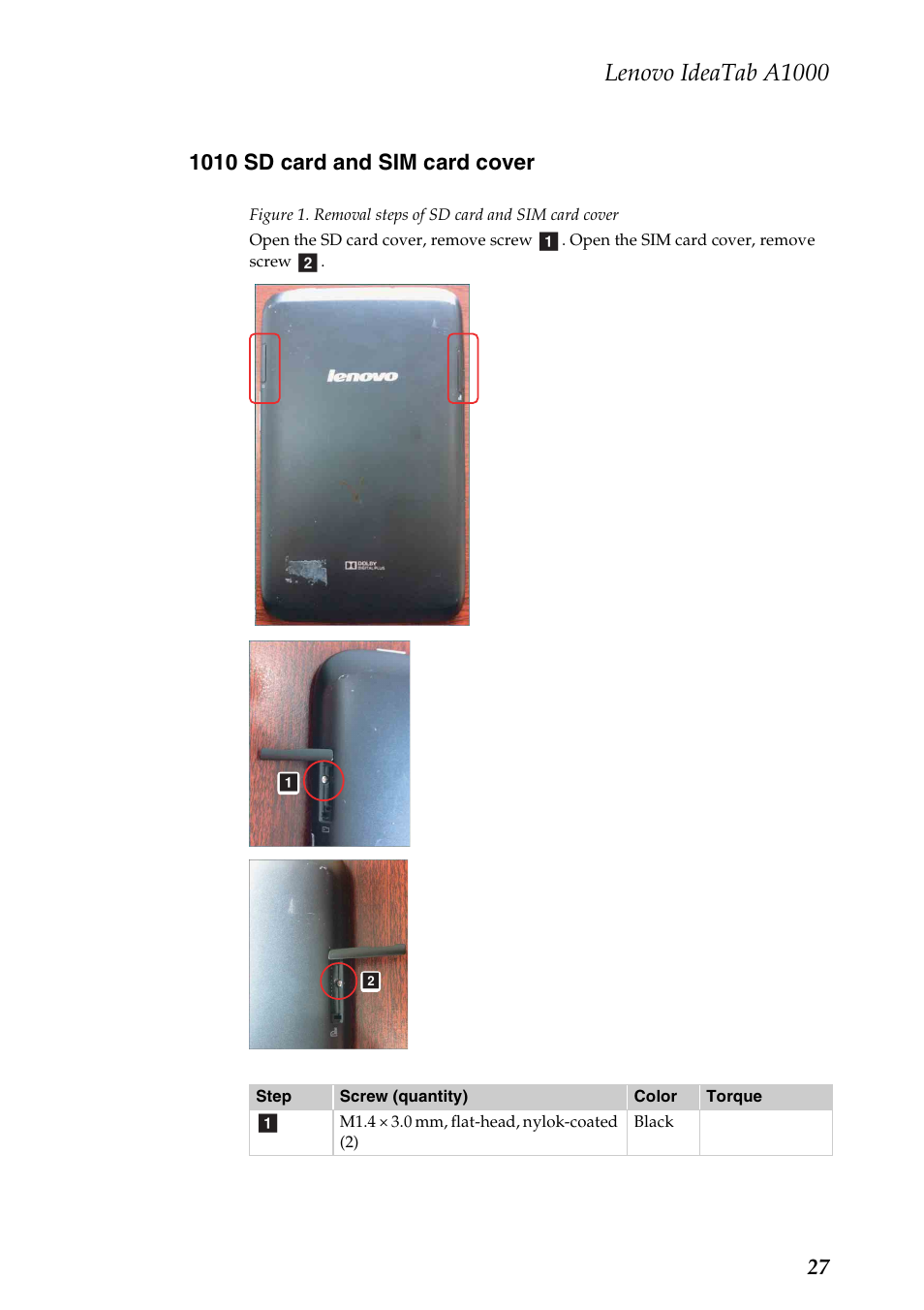 1010 sd card and sim card cover, Lenovo ideatab a1000 | Lenovo A1000 Tablet User Manual | Page 31 / 45