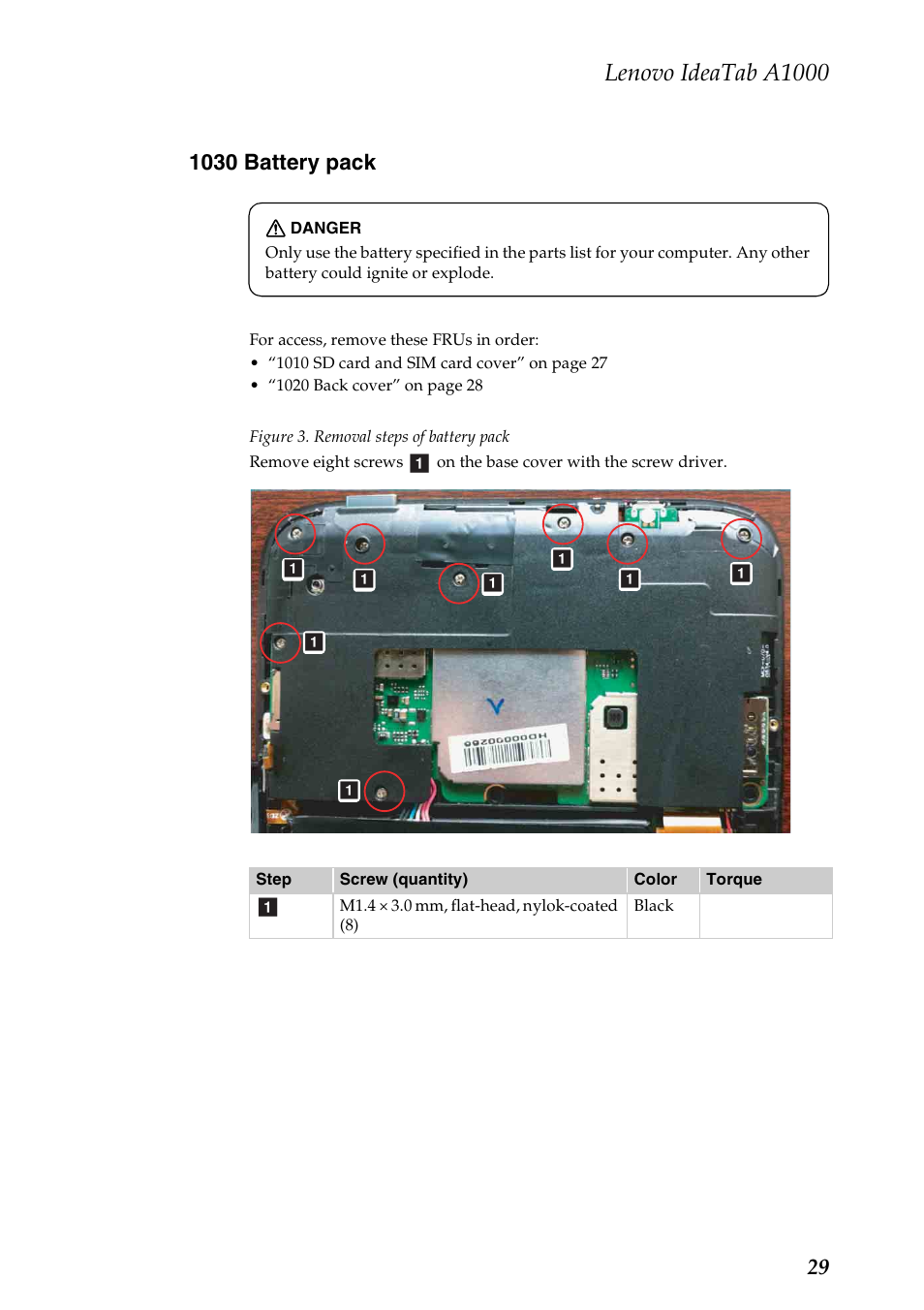 1030 battery pack, Lenovo ideatab a1000 | Lenovo A1000 Tablet User Manual | Page 33 / 45