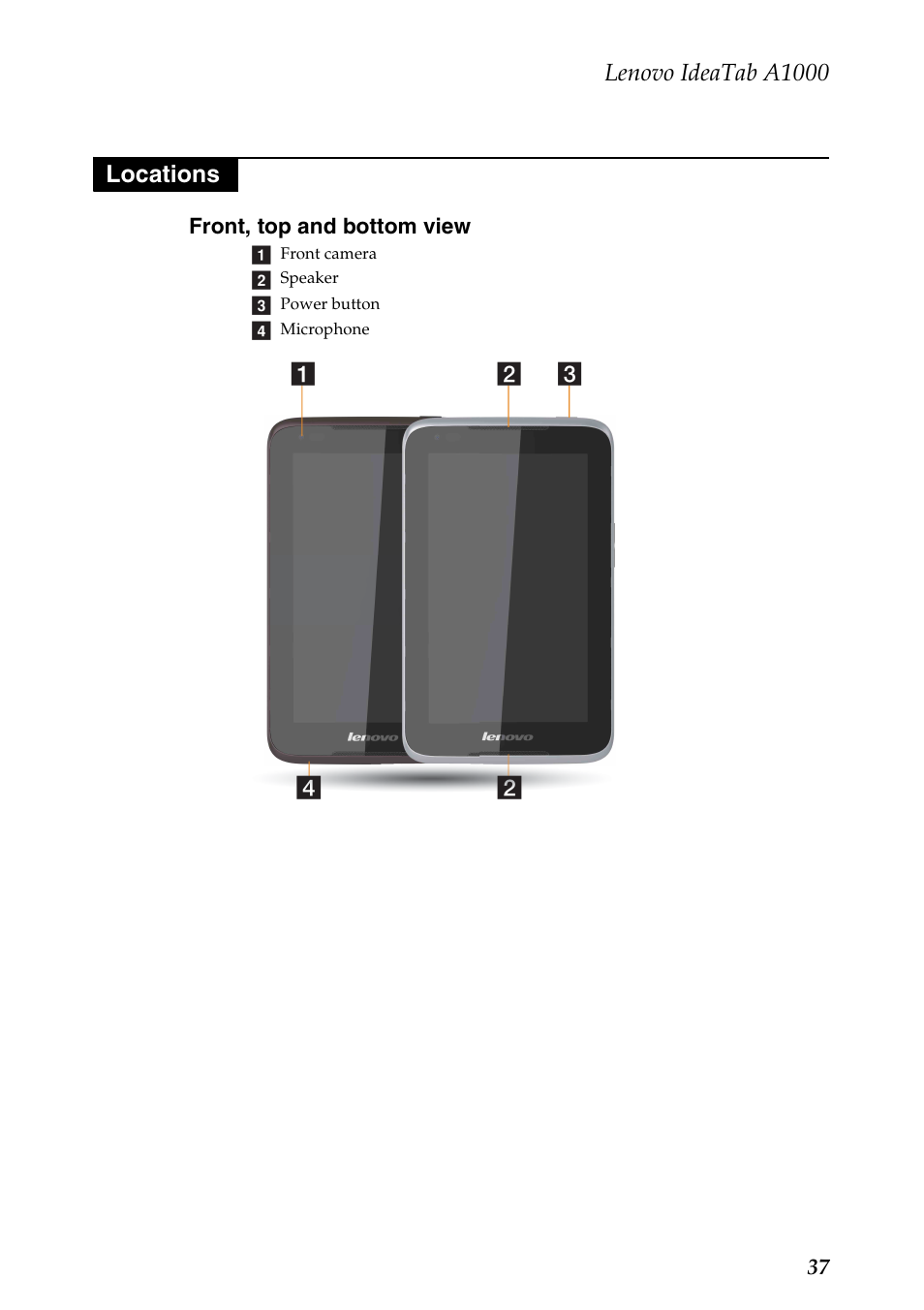 Locations, Front, top and bottom view, Lenovo ideatab a1000 | Lenovo A1000 Tablet User Manual | Page 41 / 45