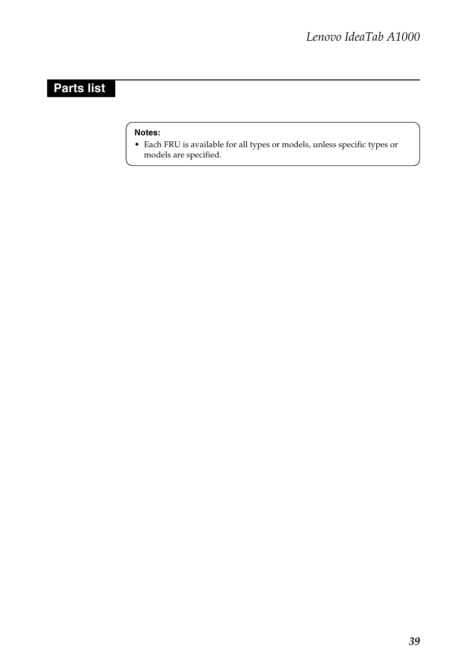 Parts list, Lenovo ideatab a1000 | Lenovo A1000 Tablet User Manual | Page 43 / 45