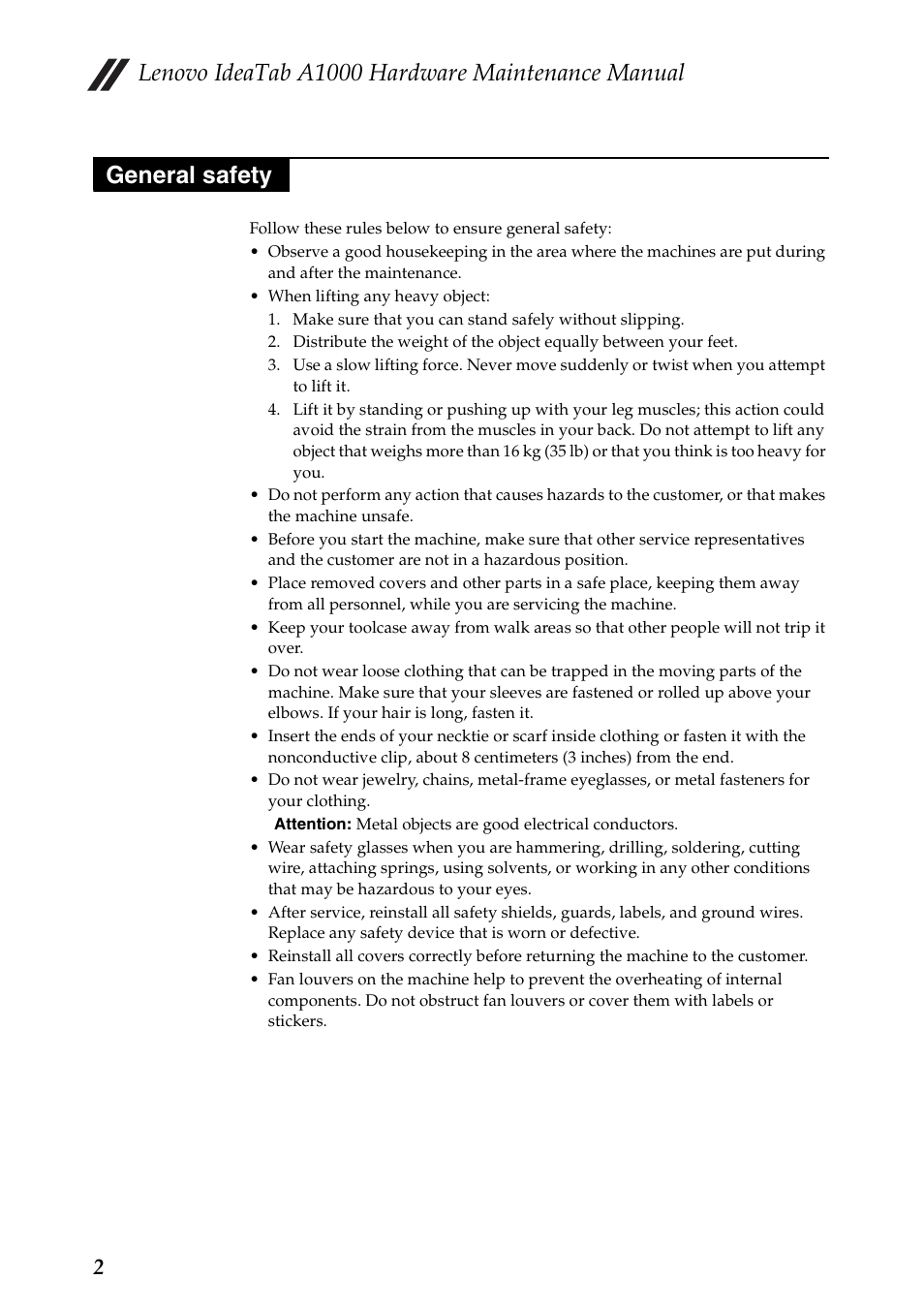 General safety, Lenovo ideatab a1000 hardware maintenance manual | Lenovo A1000 Tablet User Manual | Page 6 / 45