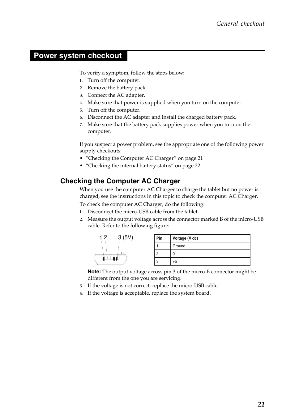 Power system checkout, Checking the computer ac charger, General checkout | Lenovo A10-70 Tablet User Manual | Page 25 / 83