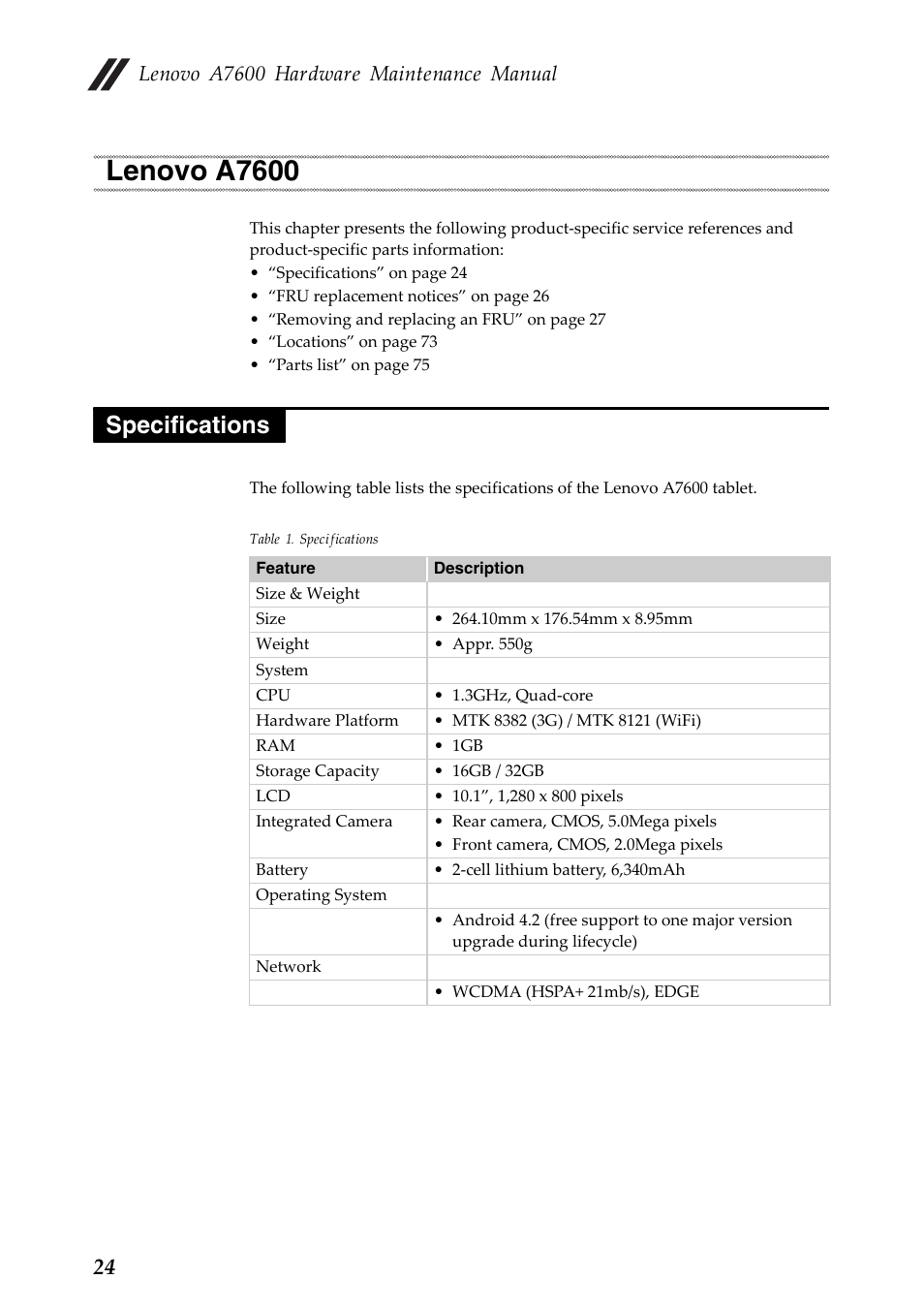 Lenovo a7600, Specifications, Lenovo a7600 specifications | Lenovo a7600 hardware maintenance manual | Lenovo A10-70 Tablet User Manual | Page 28 / 83