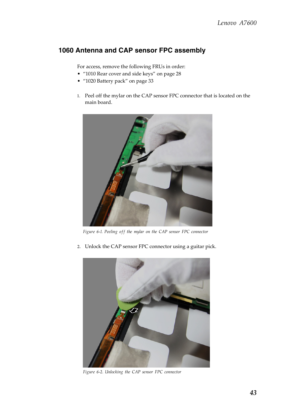 1060 antenna and cap sensor fpc assembly, 1060 antenna and cap sensor fpc assem- bly, Lenovo a7600 | Lenovo A10-70 Tablet User Manual | Page 47 / 83