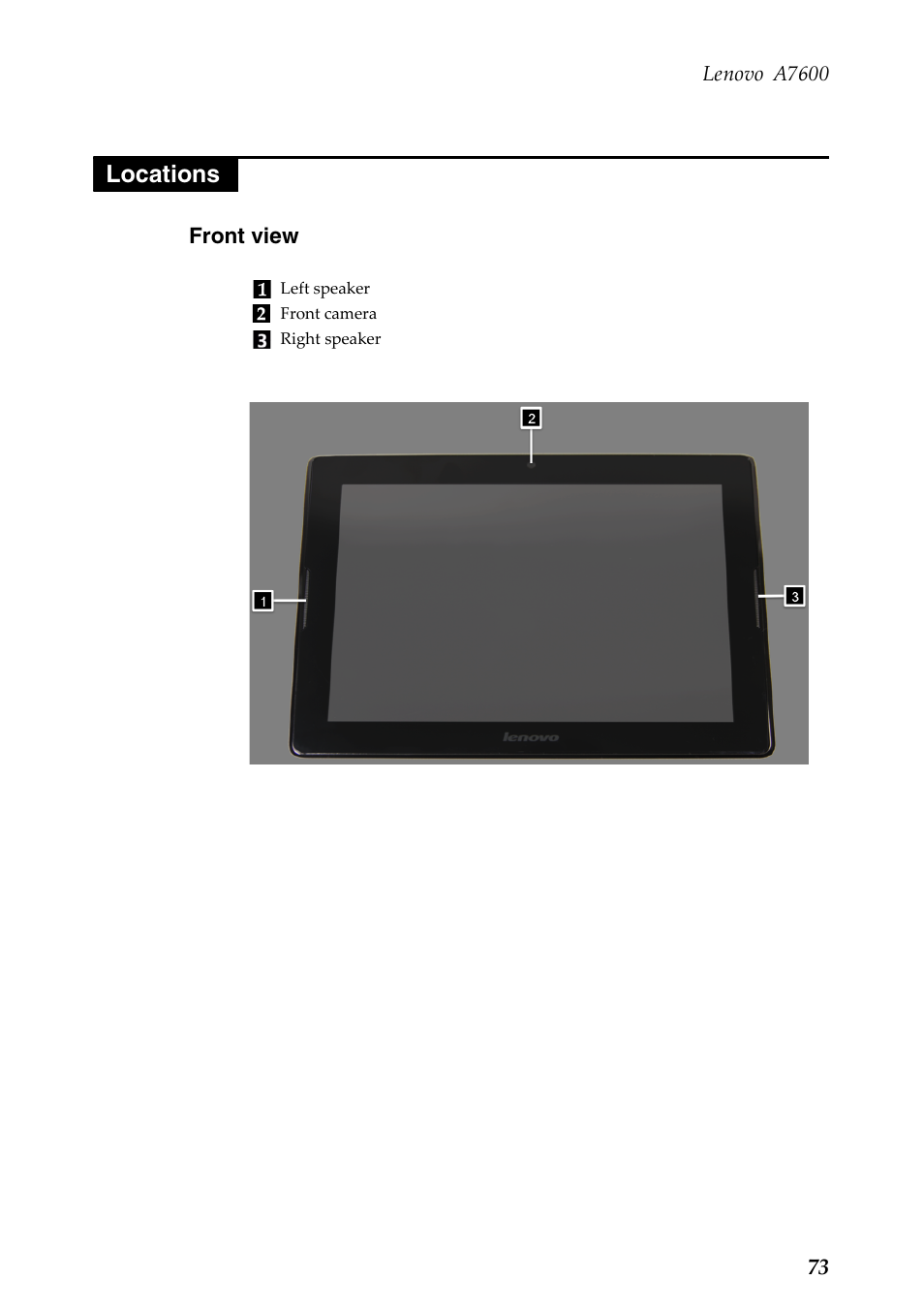 Locations, Front view, Lenovo a7600 | Lenovo A10-70 Tablet User Manual | Page 77 / 83