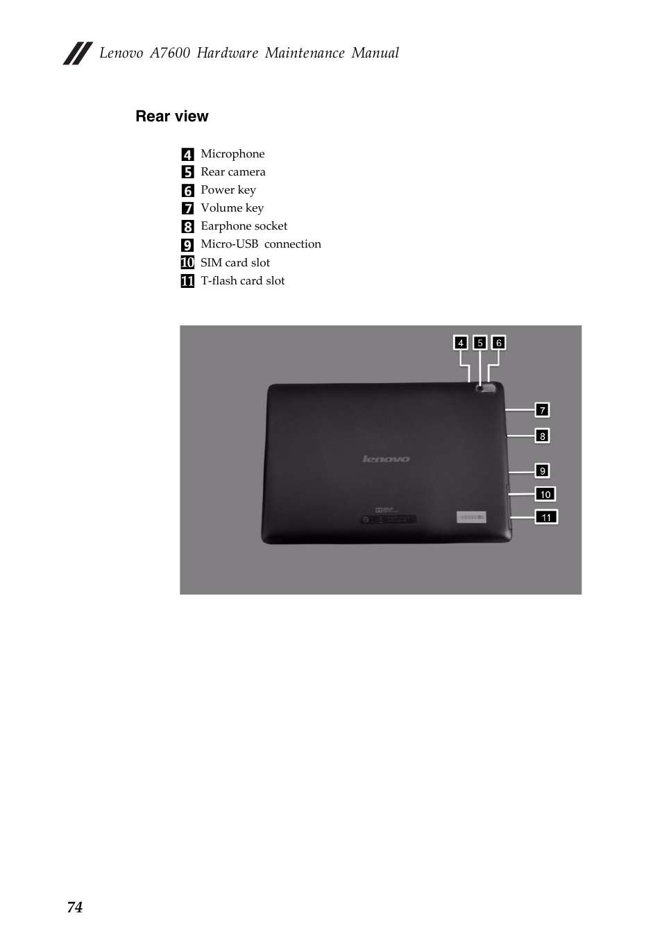 Rear view, Lenovo a7600 hardware maintenance manual, 74 rear view | Lenovo A10-70 Tablet User Manual | Page 78 / 83