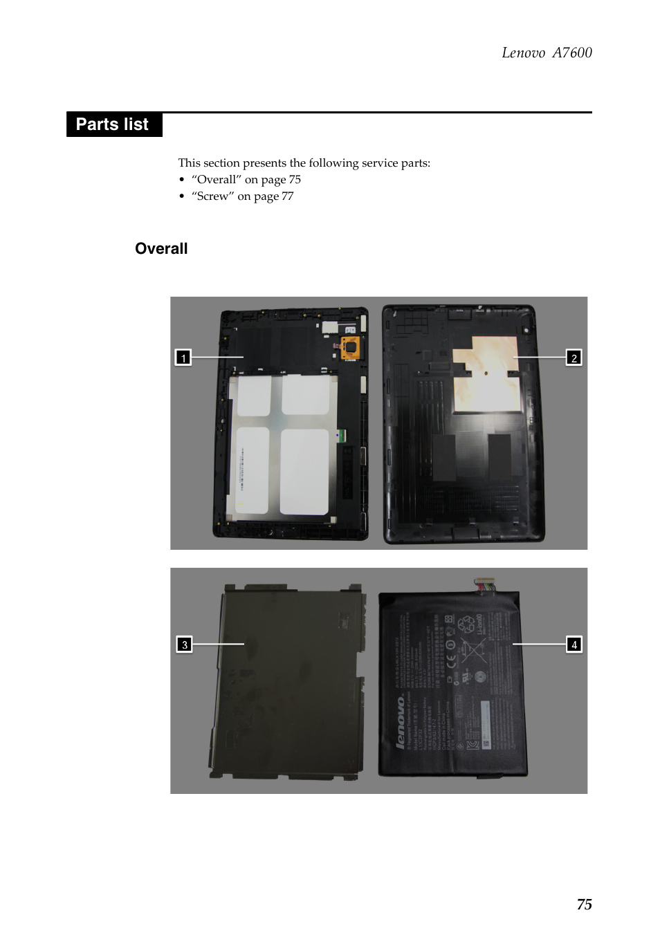 Parts list, Overall | Lenovo A10-70 Tablet User Manual | Page 79 / 83