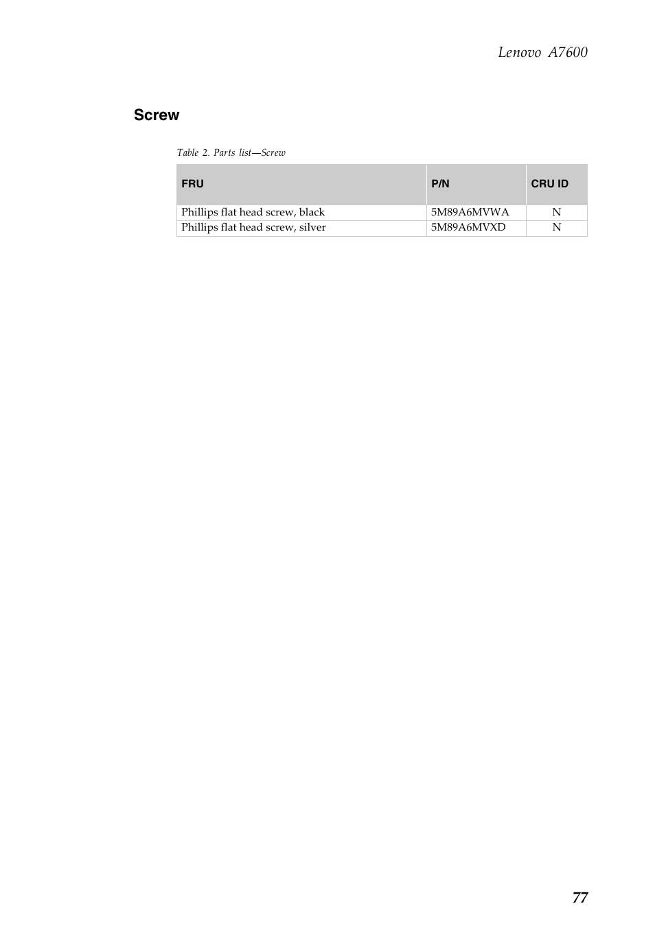 Screw, Lenovo a7600, 77 screw | Lenovo A10-70 Tablet User Manual | Page 81 / 83