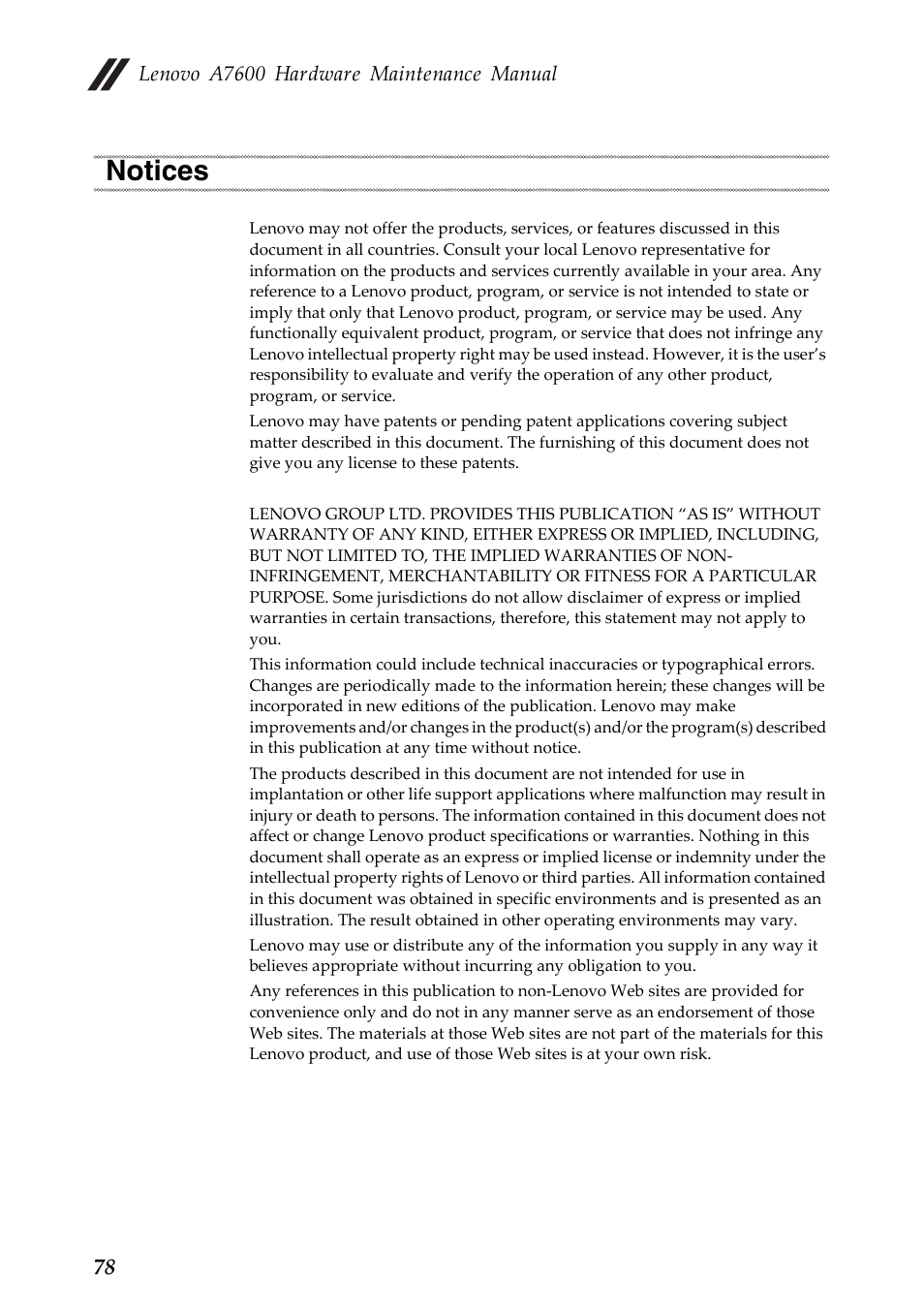 Notices, Lenovo a7600 hardware maintenance manual | Lenovo A10-70 Tablet User Manual | Page 82 / 83