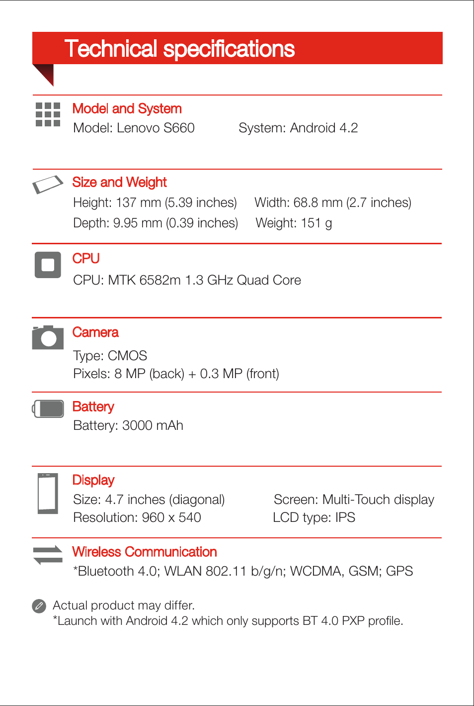 Technical specifications | Lenovo S660 Smartphone User Manual | Page 2 / 6