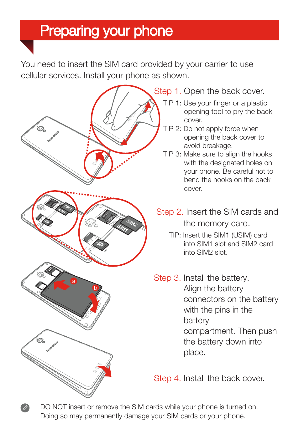 Preparing your phone | Lenovo S660 Smartphone User Manual | Page 4 / 6