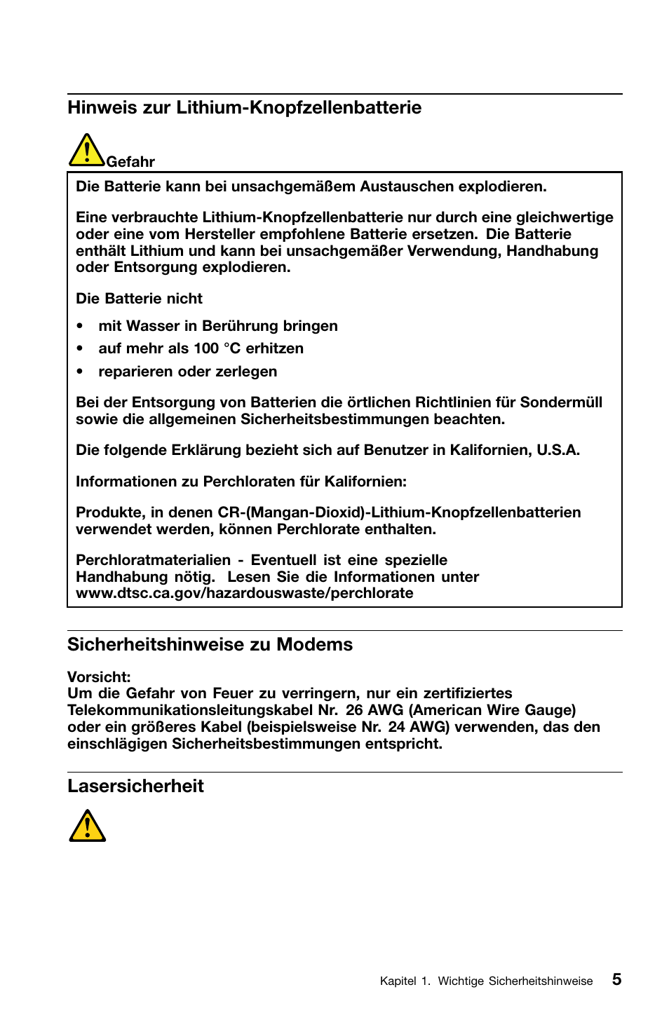 Hinweis zur lithium-knopfzellenbatterie, Sicherheitshinweise zu modems, Lasersicherheit | Lenovo ThinkCentre M81 User Manual | Page 107 / 252