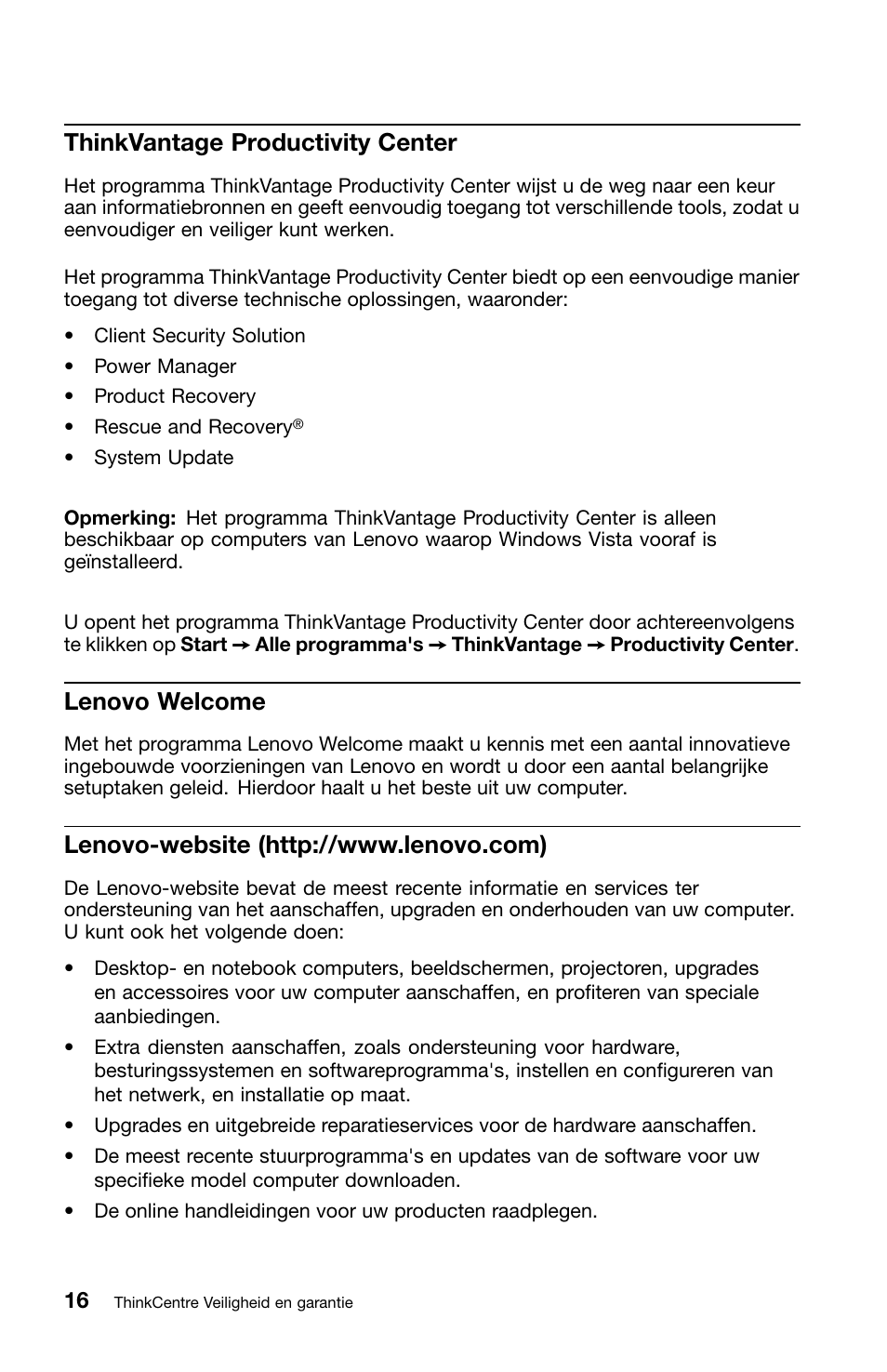 Thinkvantage productivity center, Lenovo welcome, Lenovo-website (http://www.lenovo.com) | Lenovo ThinkCentre M81 User Manual | Page 172 / 252