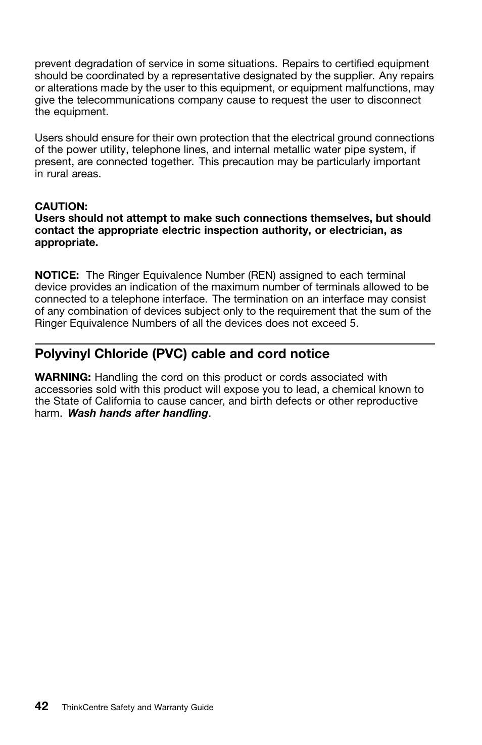 Polyvinyl chloride (pvc) cable and cord notice | Lenovo ThinkCentre M81 User Manual | Page 46 / 252