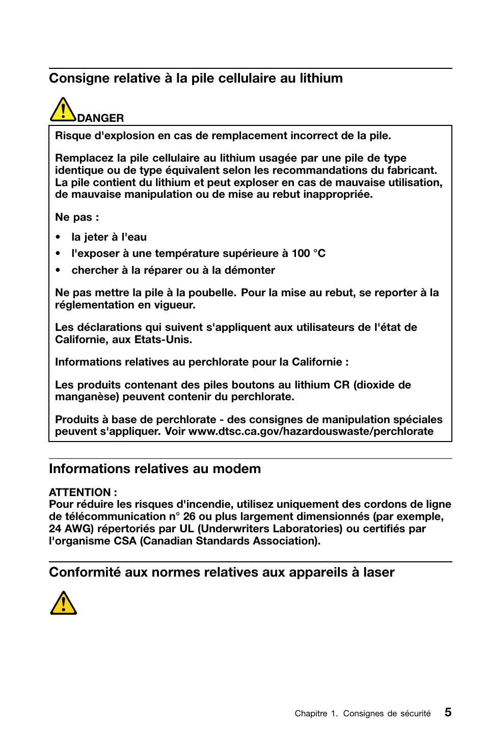 Consigne relative à la pile cellulaire au lithium, Informations relatives au modem | Lenovo ThinkCentre M81 User Manual | Page 57 / 252