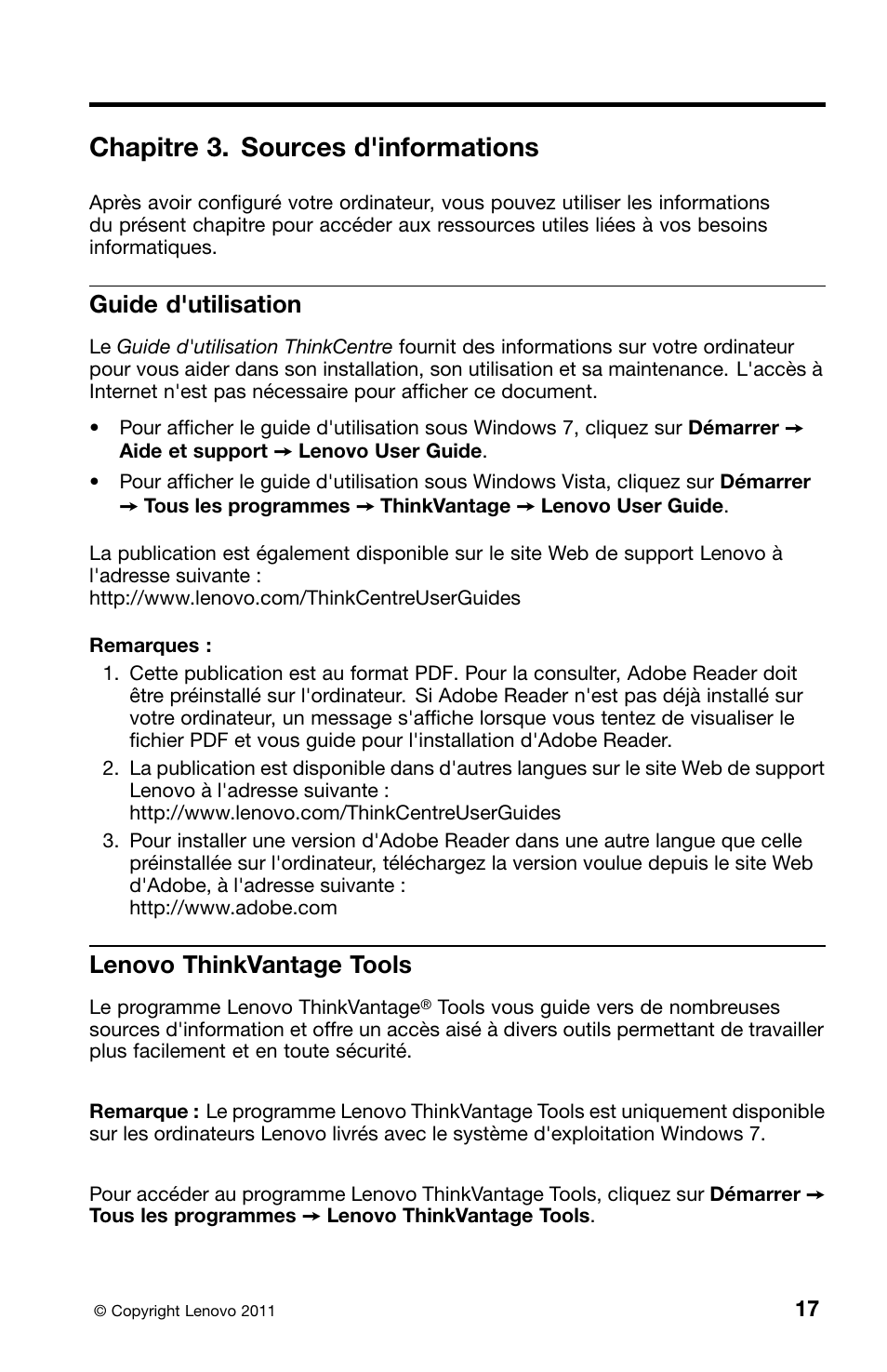 Chapitre 3. sources d'informations, Guide d'utilisation, Lenovo thinkvantage tools | Lenovo ThinkCentre M81 User Manual | Page 69 / 252