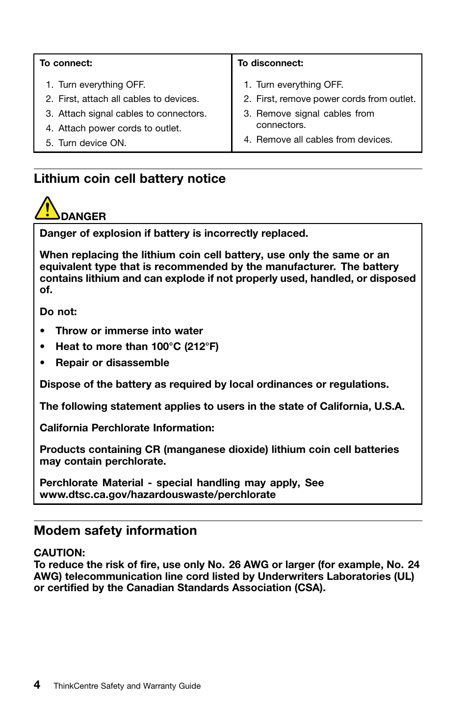 Lithium coin cell battery notice, Modem safety information | Lenovo ThinkCentre M81 User Manual | Page 8 / 252