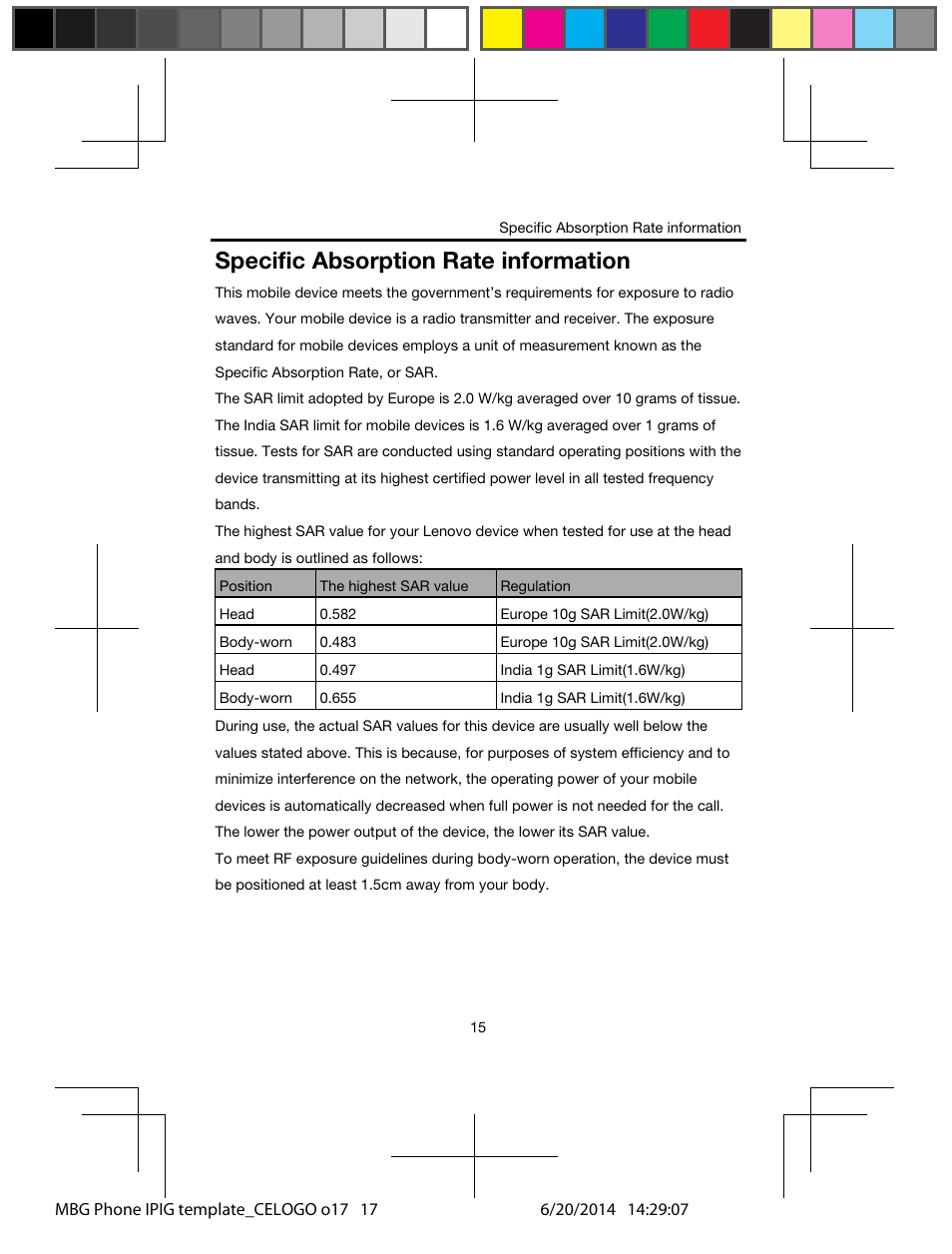 Specific absorption rate information | Lenovo A328 Smartphone User Manual | Page 17 / 19