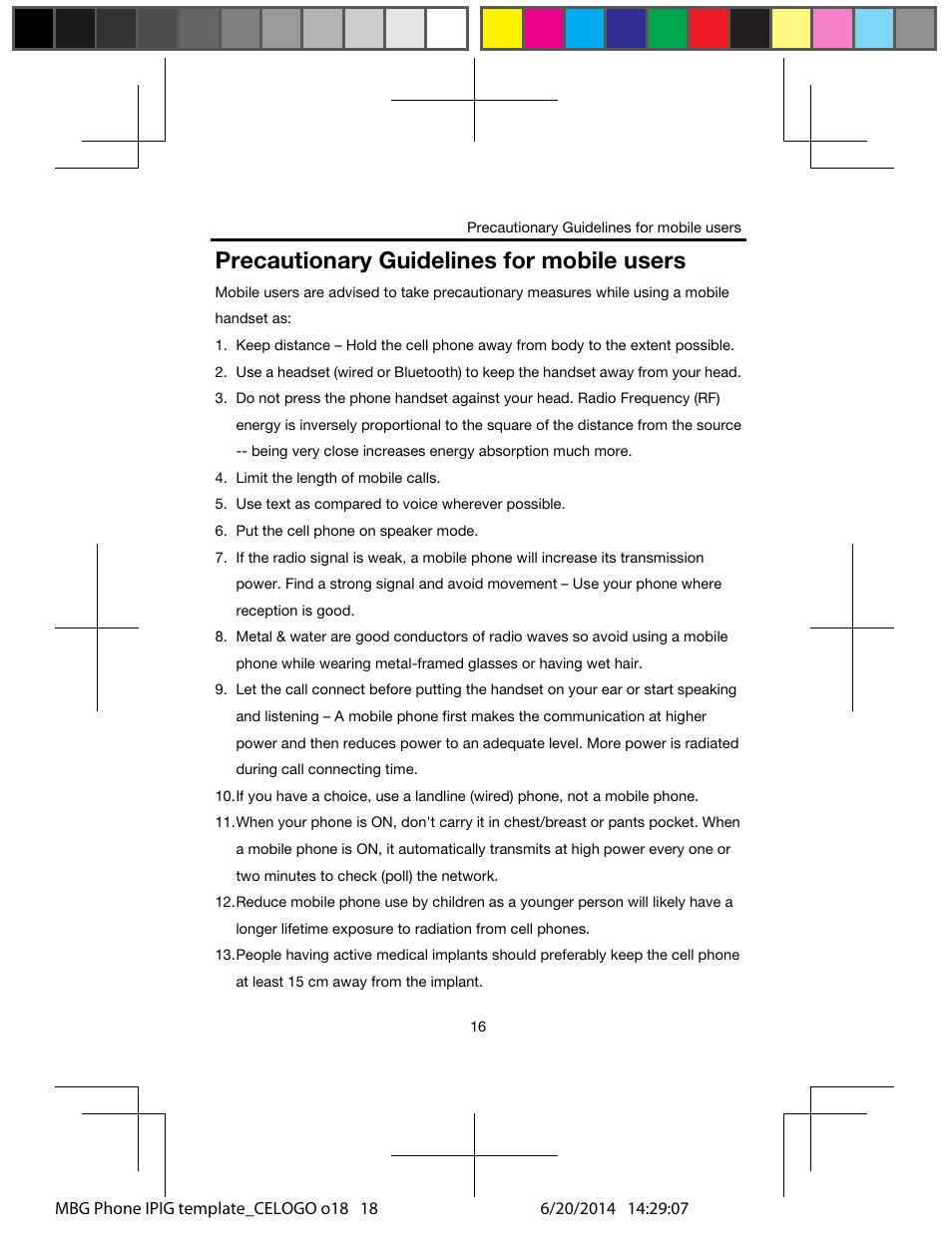 Precautionary guidelines for mobile users | Lenovo A328 Smartphone User Manual | Page 18 / 19