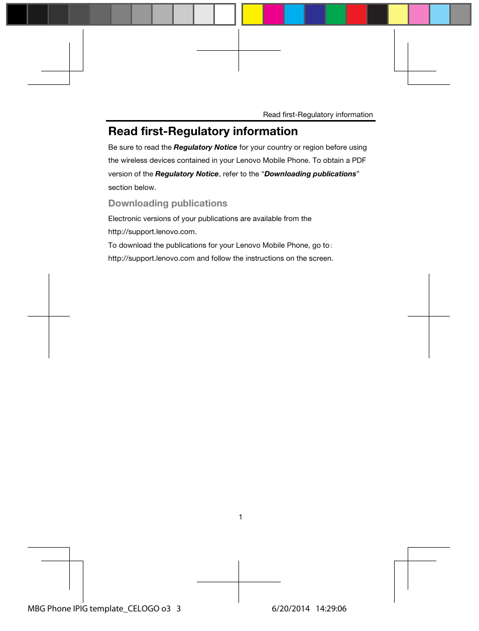 Read first-regulatory information, Downloading publications | Lenovo A328 Smartphone User Manual | Page 3 / 19