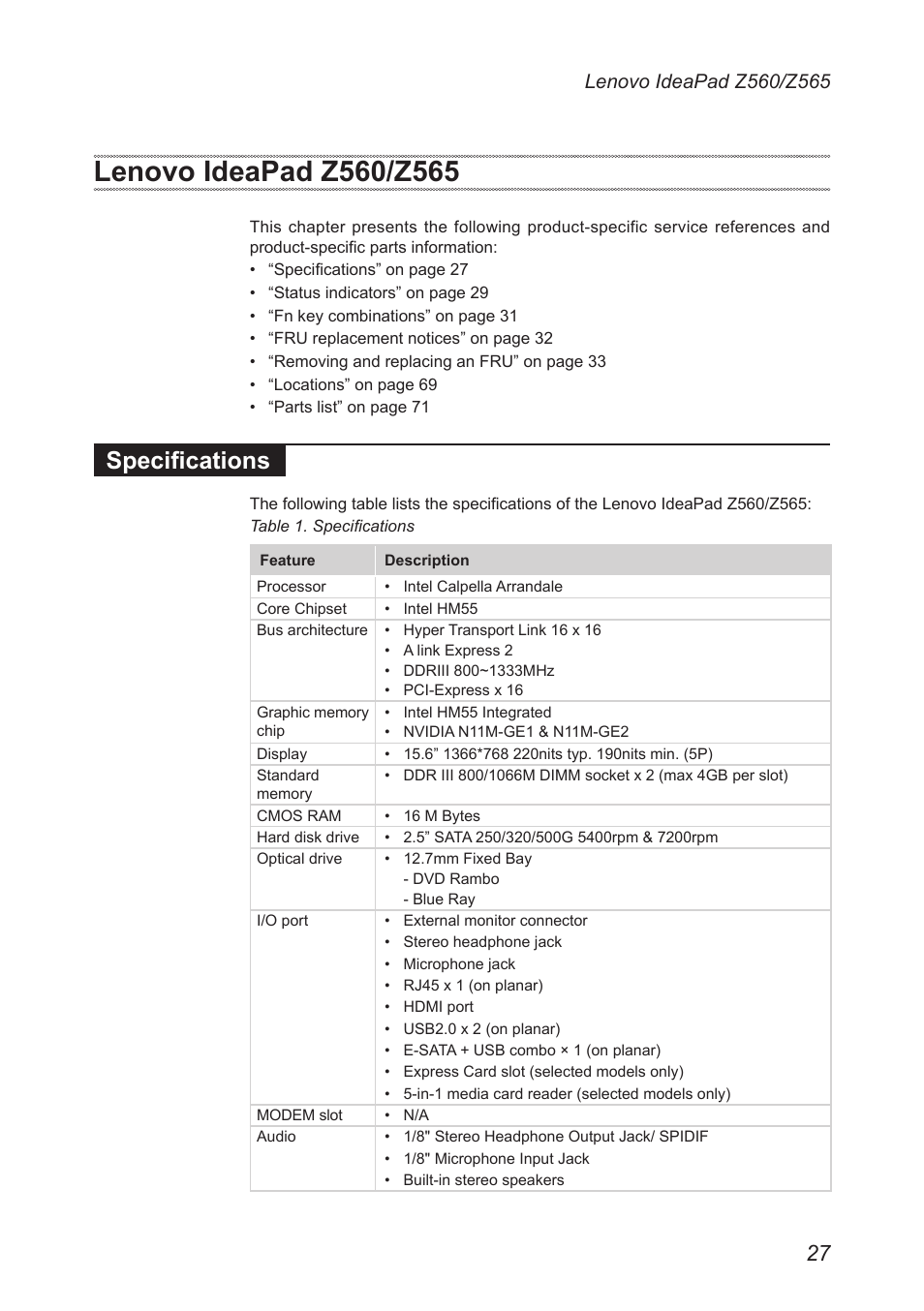 Lenovo ideapad z560/z565, Specifications | Lenovo IdeaPad Z560 User Manual | Page 31 / 90