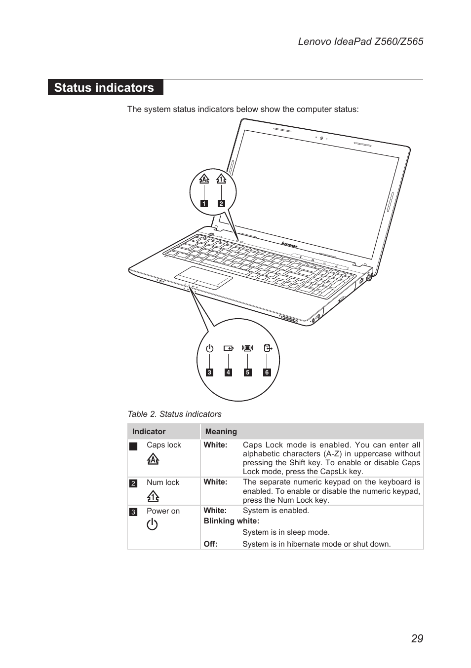 Status indicators | Lenovo IdeaPad Z560 User Manual | Page 33 / 90
