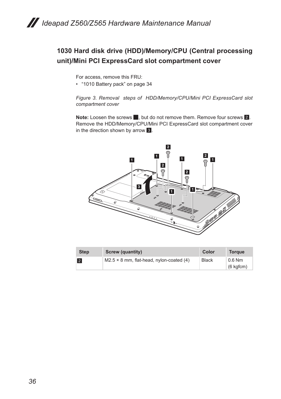 1030 hard disk drive (hdd)/memory/cpu, Central processing unit)/mini pci expresscard, Slot compartment cover | Lenovo IdeaPad Z560 User Manual | Page 40 / 90