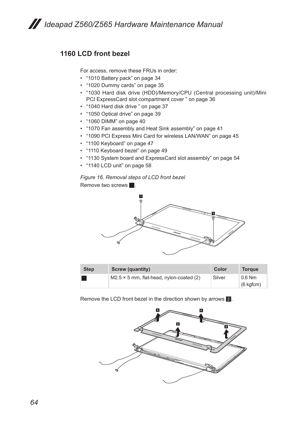1160 lcd front bezel | Lenovo IdeaPad Z560 User Manual | Page 68 / 90