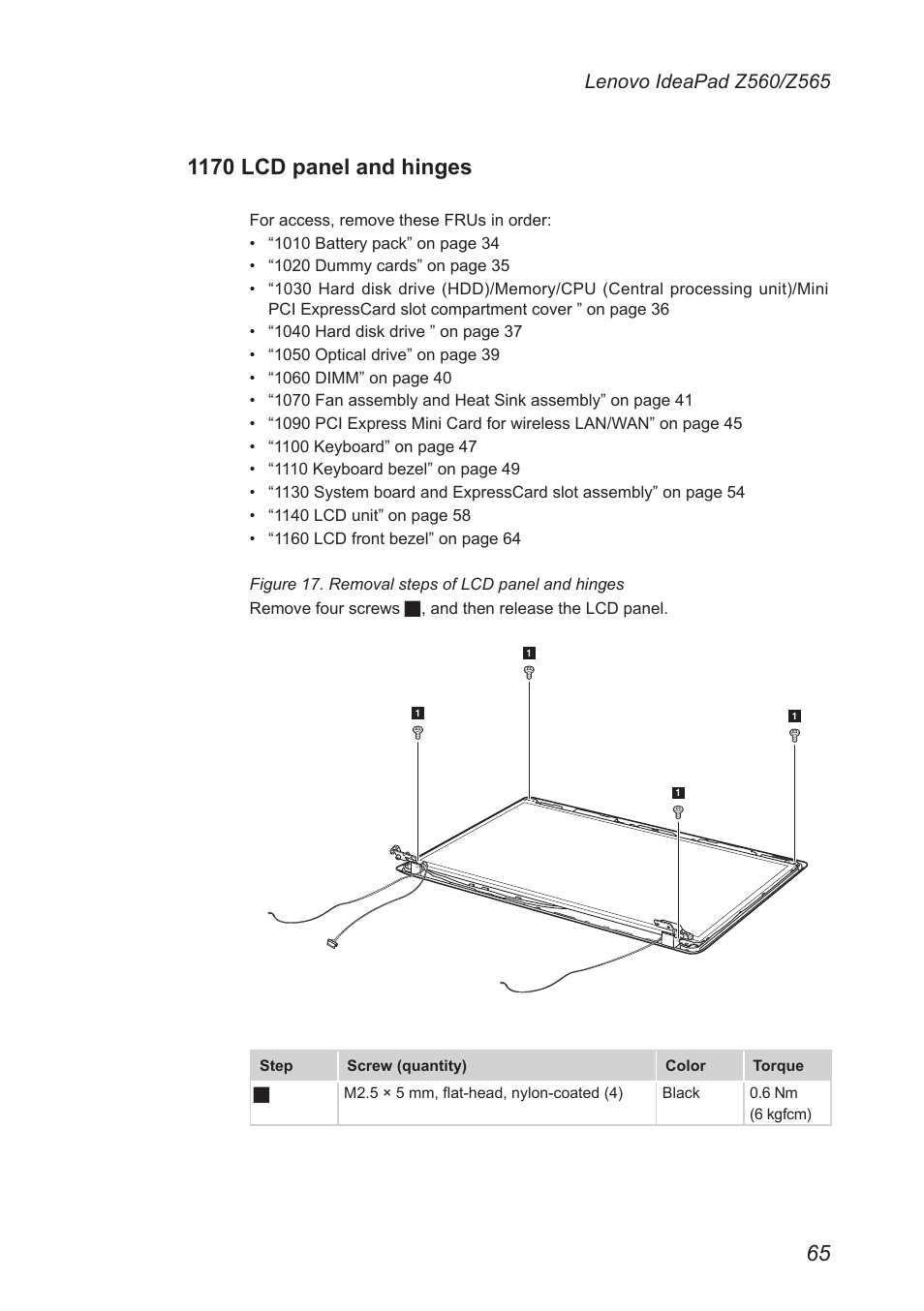 1170 lcd panel and hinges | Lenovo IdeaPad Z560 User Manual | Page 69 / 90