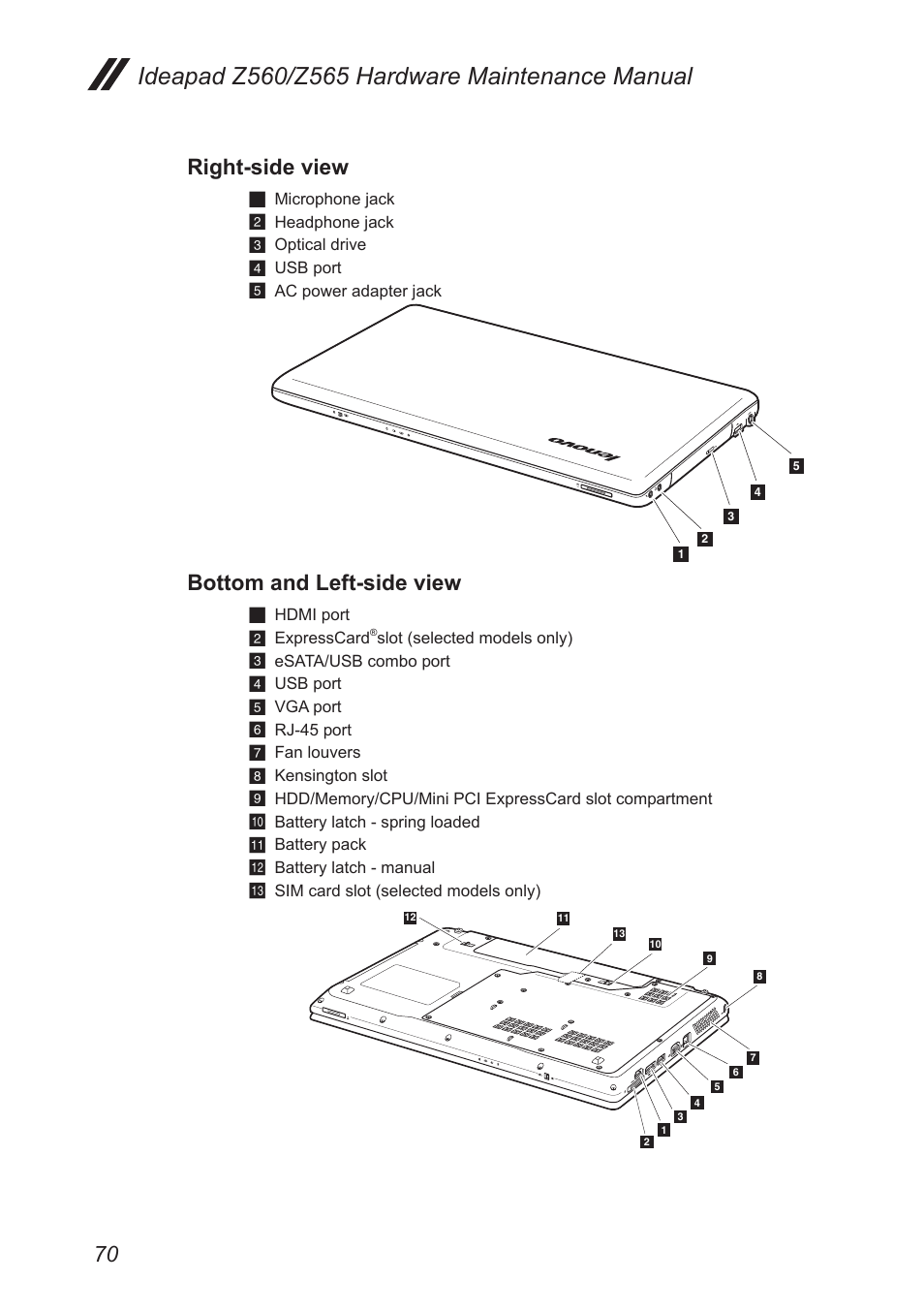 Right-side view, Bottom and left-side view | Lenovo IdeaPad Z560 User Manual | Page 74 / 90