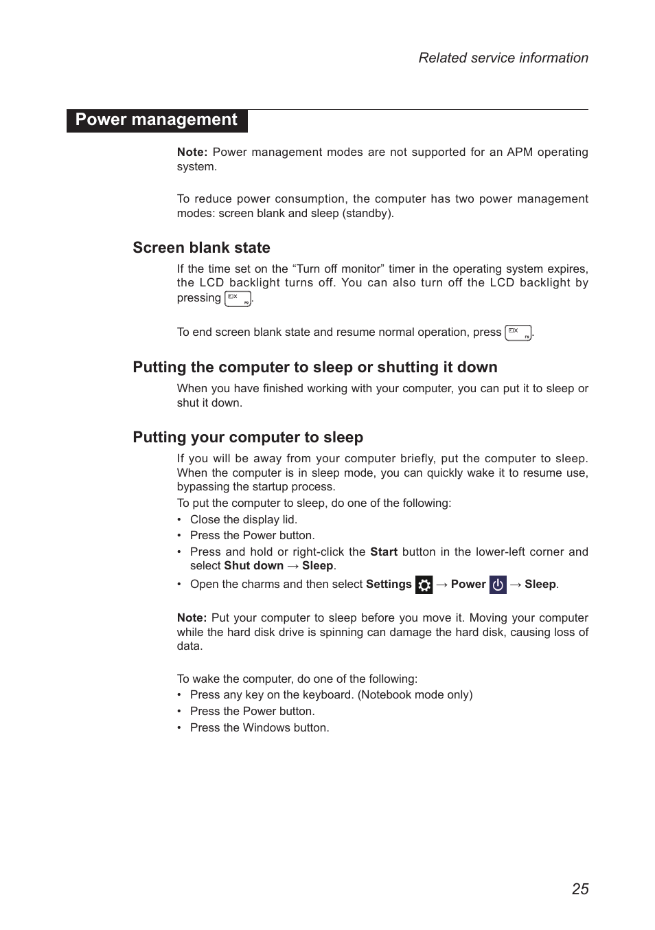 Power management, Screen blank state, Putting the computer to sleep or shutting it down | Putting your computer to sleep | Lenovo Yoga 2 13 Notebook Lenovo User Manual | Page 29 / 77