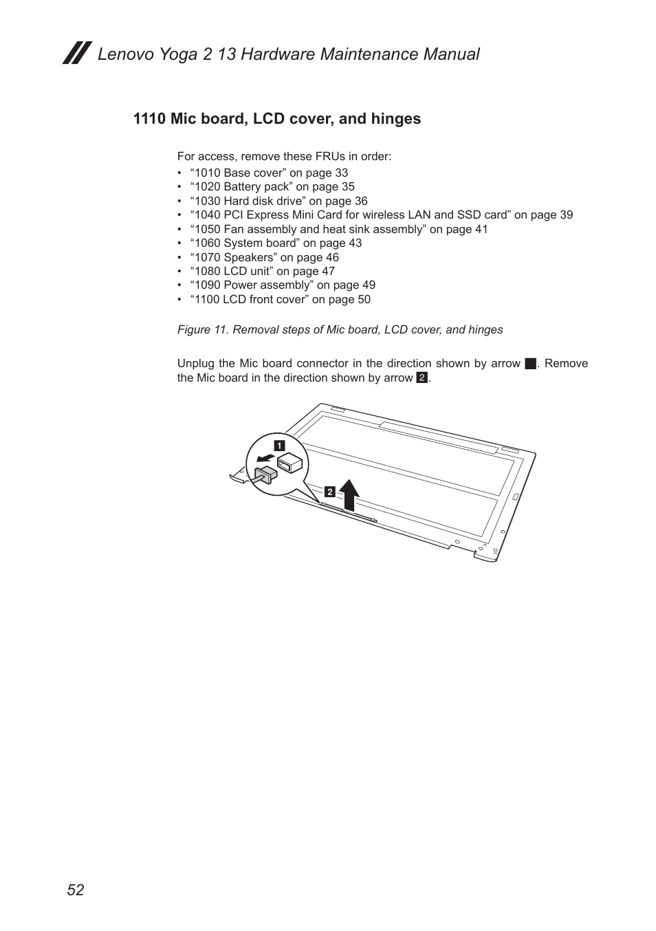 1110 mic board, lcd cover, and hinges, Lenovo yoga 2 13 hardware maintenance manual | Lenovo Yoga 2 13 Notebook Lenovo User Manual | Page 56 / 77