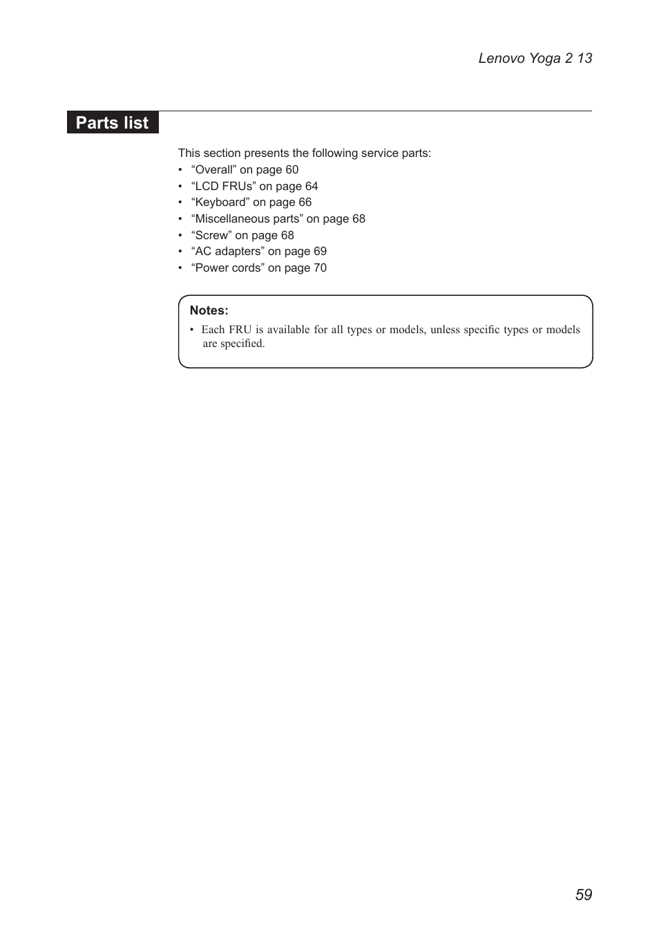 Parts list | Lenovo Yoga 2 13 Notebook Lenovo User Manual | Page 63 / 77
